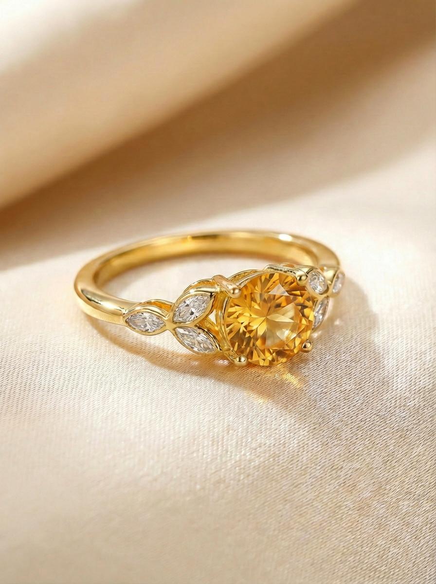 Art Deco Citrine Cluster Engagement Ring, November Birthstone Ring, Round Citrine and Marquise Anniversary Ring, Bridal Promise Ring