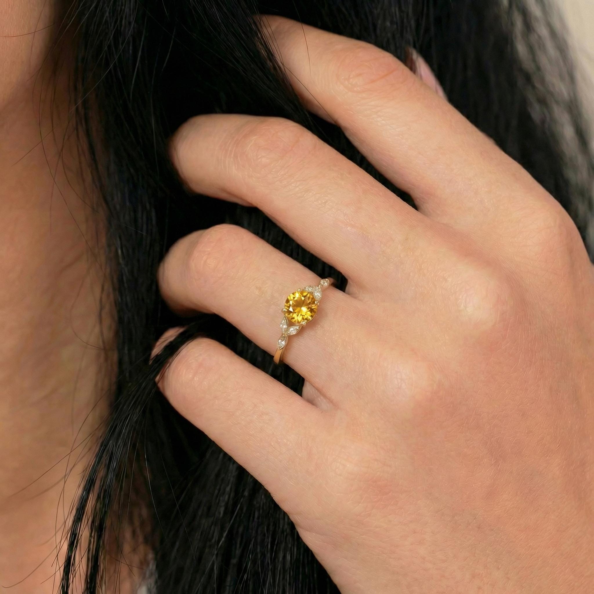 Art Deco Citrine Cluster Engagement Ring, November Birthstone Ring, Round Citrine and Marquise Anniversary Ring, Bridal Promise Ring
