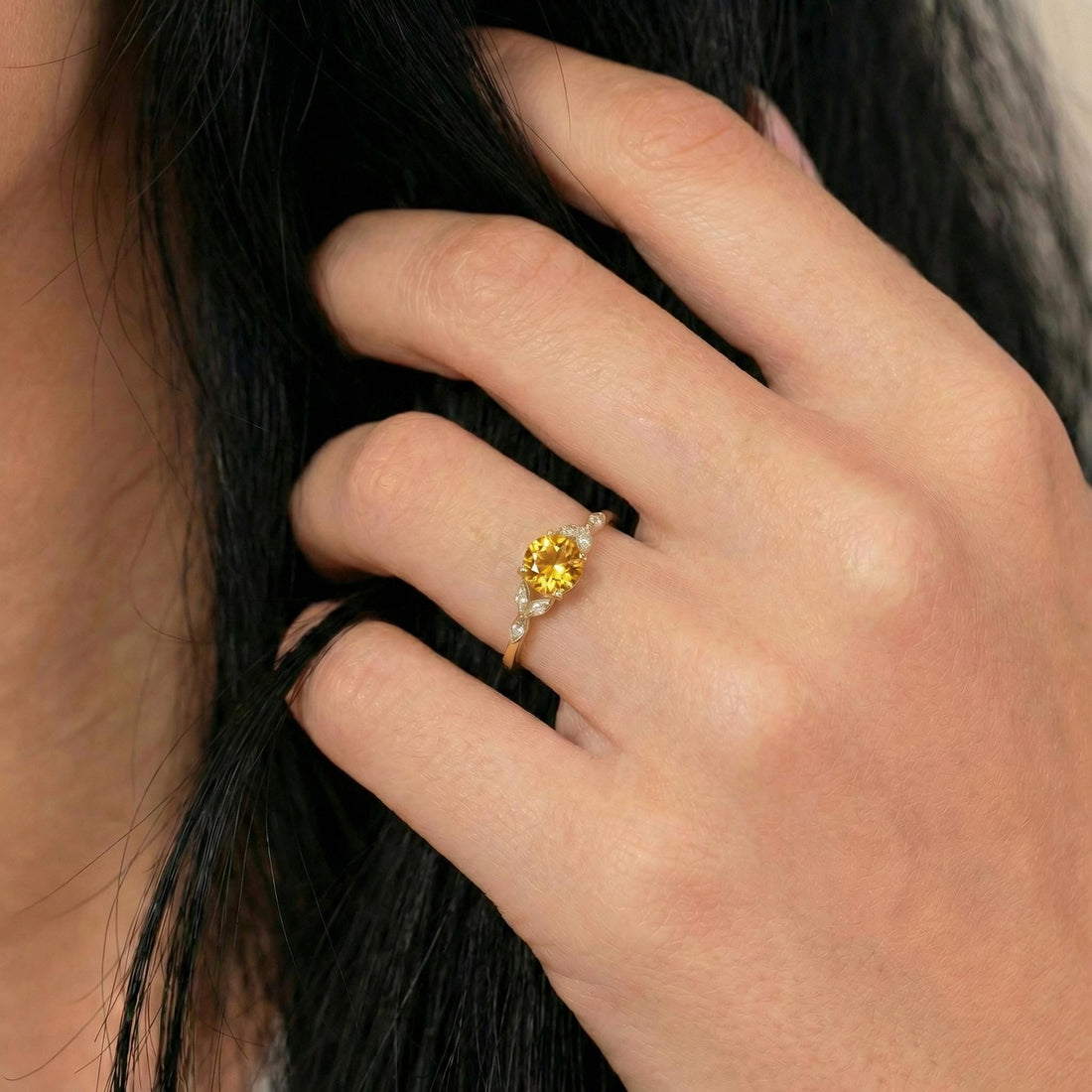 Art Deco Citrine Cluster Engagement Ring, November Birthstone Ring, Round Citrine and Marquise Anniversary Ring, Bridal Promise Ring