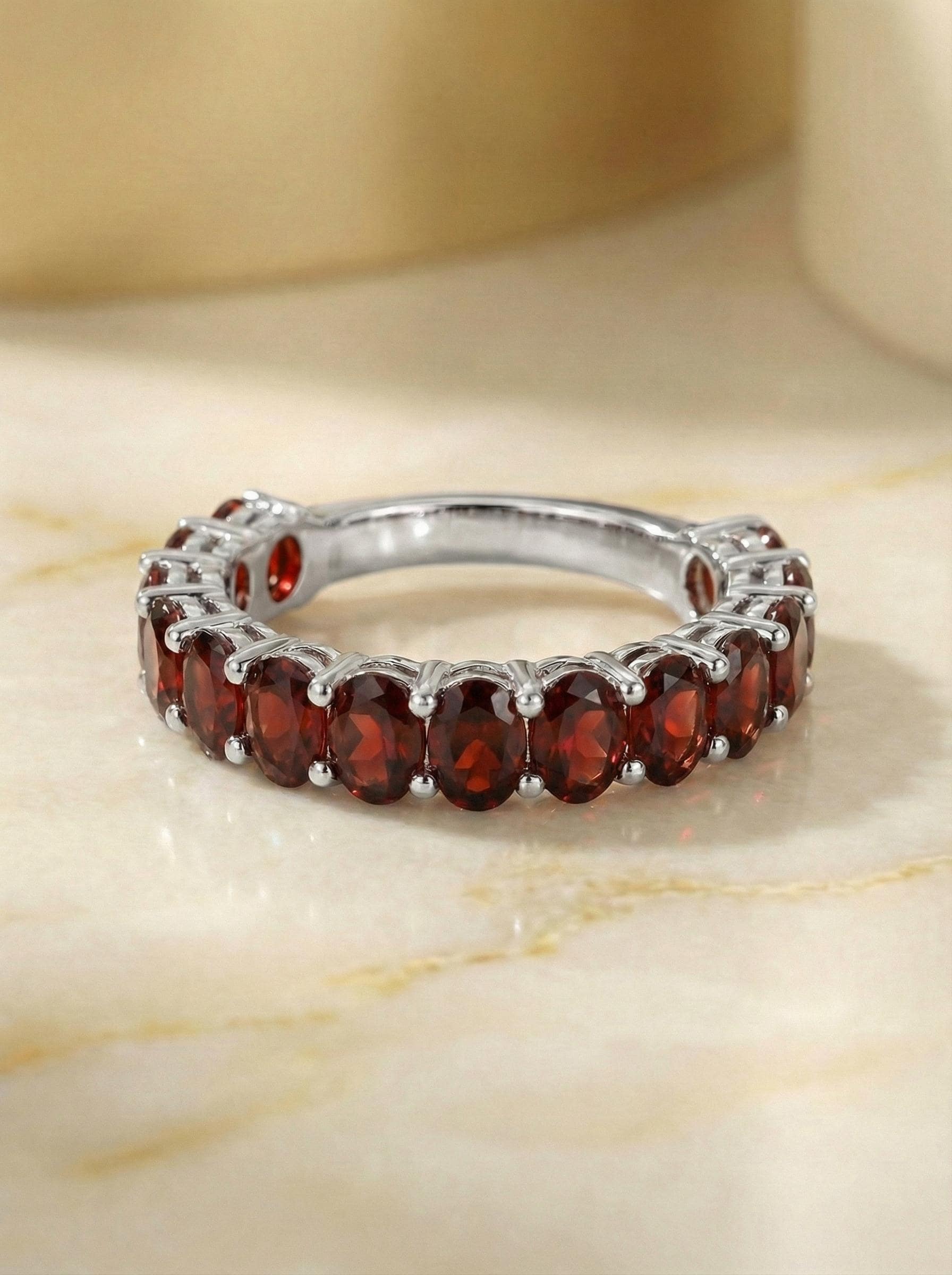 2.1CT Oval Garnet Wedding Band, Shared Prong Garnet Ring, Almost Eternity Ring, Classic Stackable January Birthstone Band
