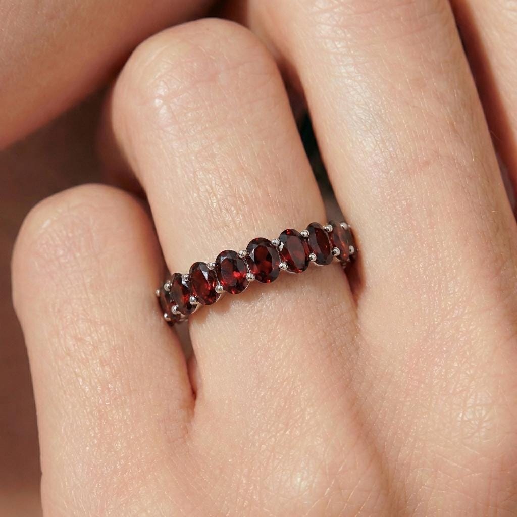 2.1CT Oval Garnet Wedding Band, Shared Prong Garnet Ring, Almost Eternity Ring, Classic Stackable January Birthstone Band