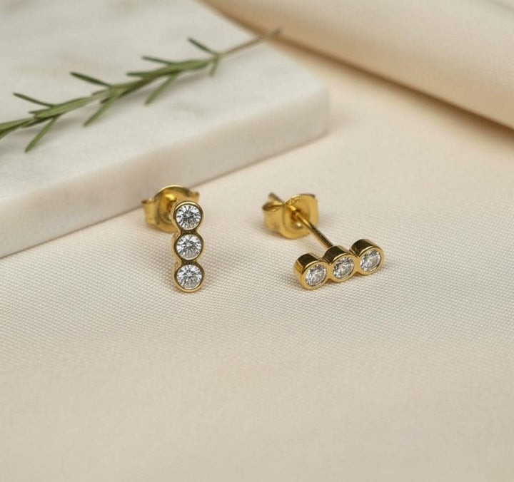 Three Stone Moissanite Bar Stud Earrings, 18K Gold Triple Moissanite Earrings, Dainty Minimalist Bridal Studs for Her