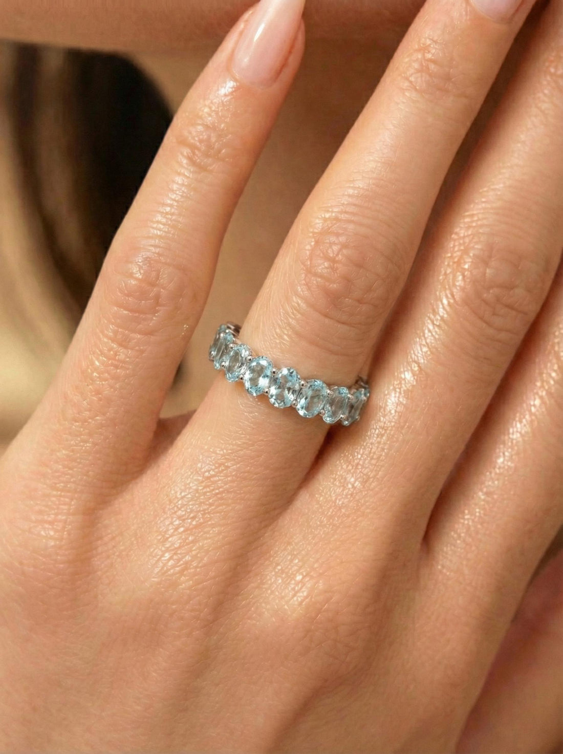2.1CT Oval Aquamarine Wedding Band, Shared Prong Aquamarine Ring, Almost Eternity Ring, Classic Stackable March Birthstone Band
