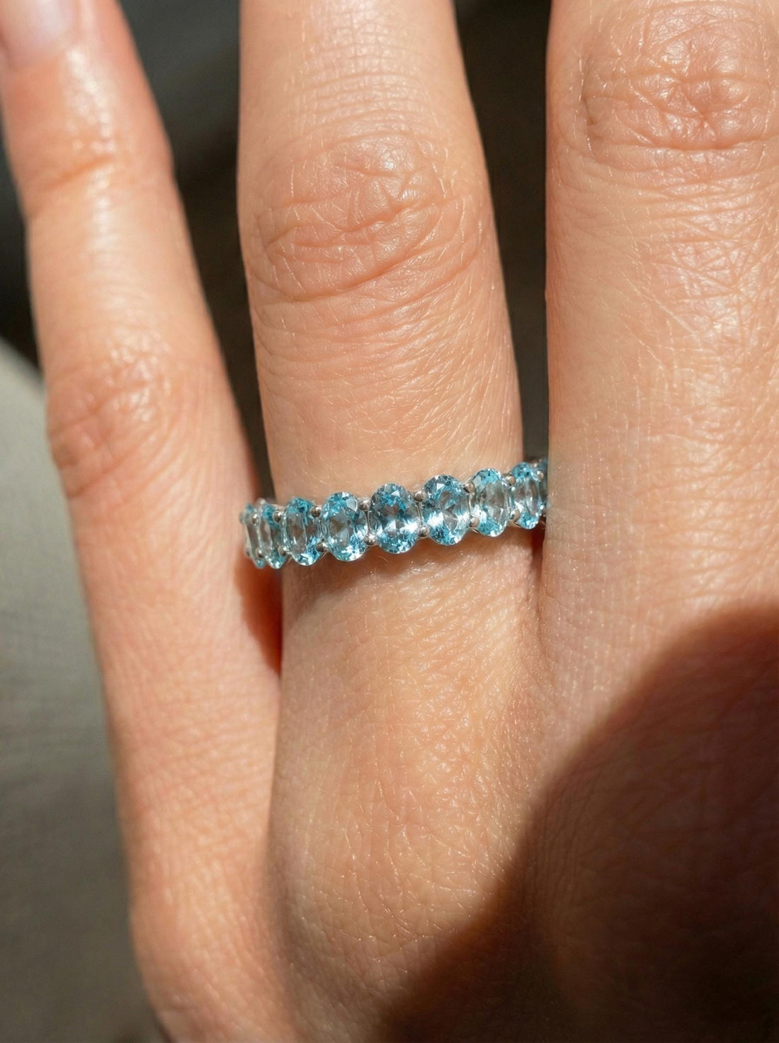 2.1CT Oval Aquamarine Wedding Band, Shared Prong Aquamarine Ring, Almost Eternity Ring, Classic Stackable March Birthstone Band