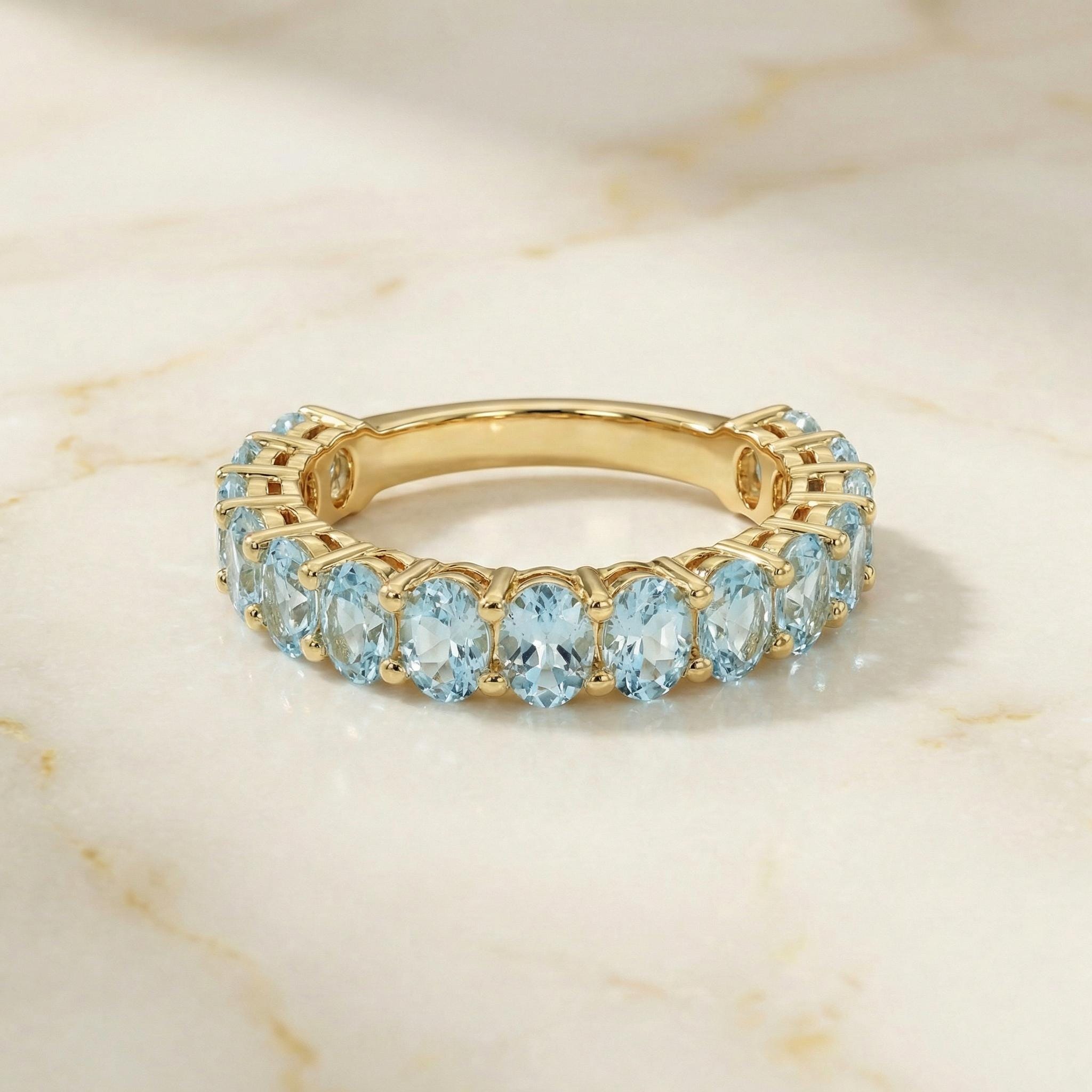 2.1CT Oval Aquamarine Wedding Band, Shared Prong Aquamarine Ring, Almost Eternity Ring, Classic Stackable March Birthstone Band