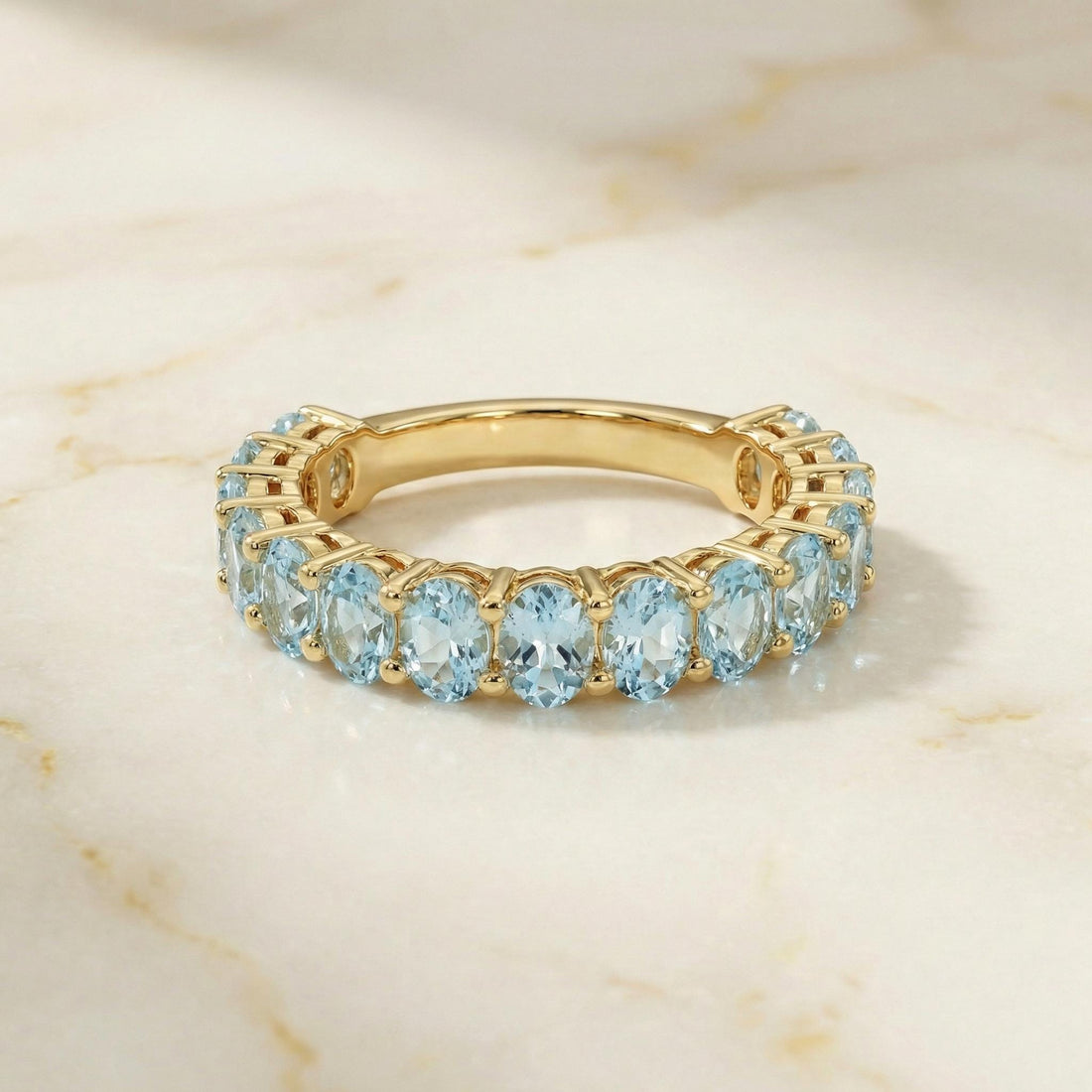 2.1CT Oval Aquamarine Wedding Band, Shared Prong Aquamarine Ring, Almost Eternity Ring, Classic Stackable March Birthstone Band