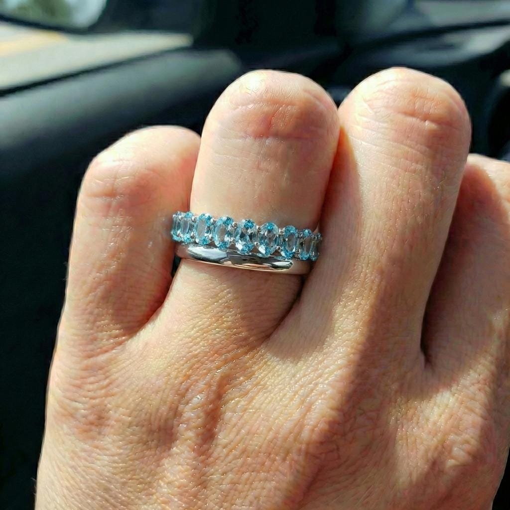 2.1CT Oval Aquamarine Wedding Band, Shared Prong Aquamarine Ring, Almost Eternity Ring, Classic Stackable March Birthstone Band