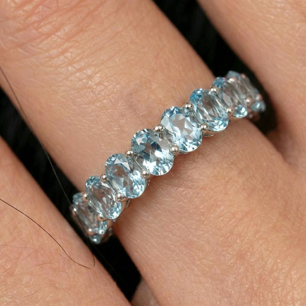 2.1CT Oval Aquamarine Wedding Band, Shared Prong Aquamarine Ring, Almost Eternity Ring, Classic Stackable March Birthstone Band