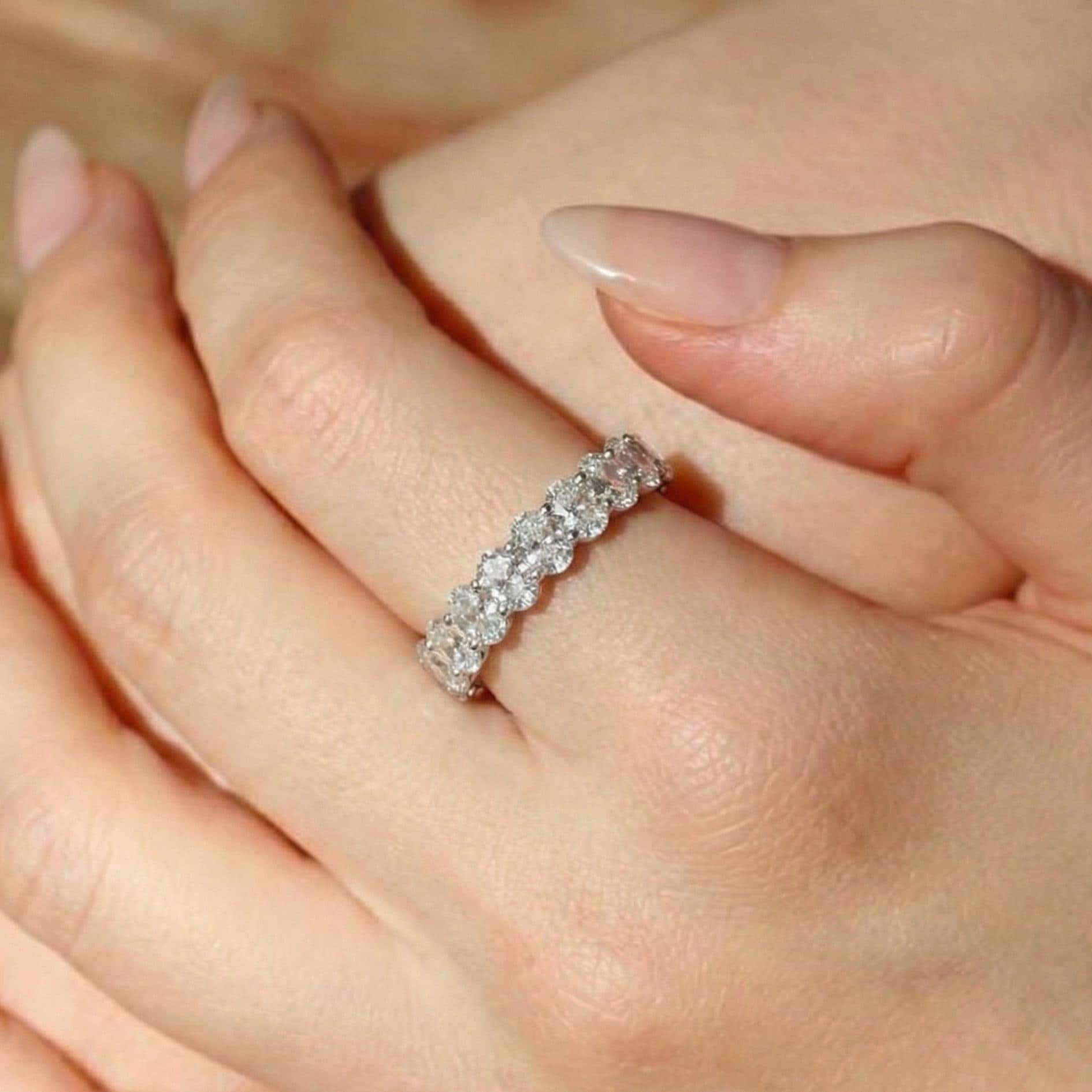 2.1CT Oval Moissanite Wedding Band, Shared Prong Moissanite Ring, Almost Eternity Ring, Classic Stackable April Birthstone Band