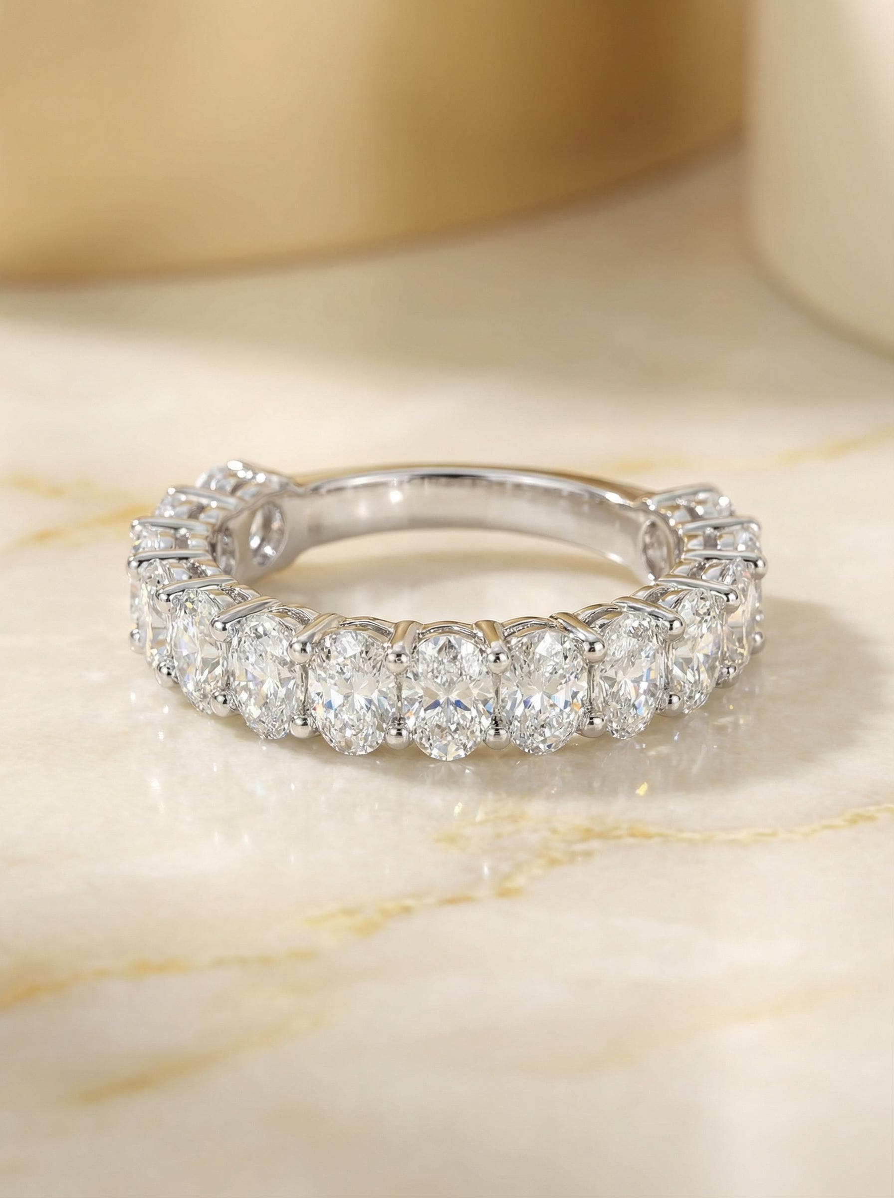 2.1CT Oval Moissanite Wedding Band, Shared Prong Moissanite Ring, Almost Eternity Ring, Classic Stackable April Birthstone Band