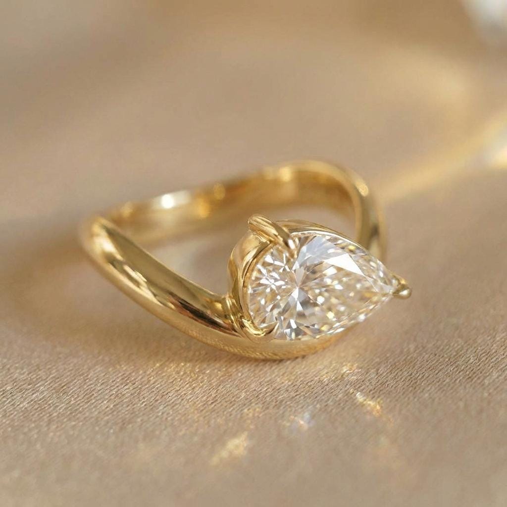 Pear Moissanite East West Pinky Ring, 14K Solid Gold 2CT Pear Moissanite Promise Ring, Tilted Pear Engagement Ring
