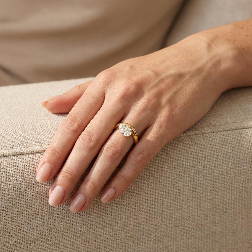 Pear Moissanite East West Pinky Ring, 14K Solid Gold 2CT Pear Moissanite Promise Ring, Tilted Pear Engagement Ring