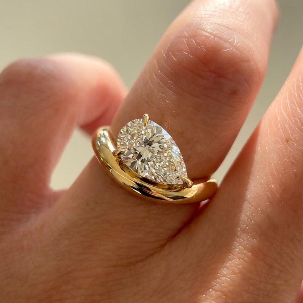 Pear Moissanite East West Pinky Ring, 14K Solid Gold 2CT Pear Moissanite Promise Ring, Tilted Pear Engagement Ring