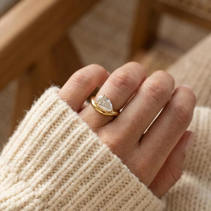 Pear Moissanite East West Pinky Ring, 14K Solid Gold 2CT Pear Moissanite Promise Ring, Tilted Pear Engagement Ring