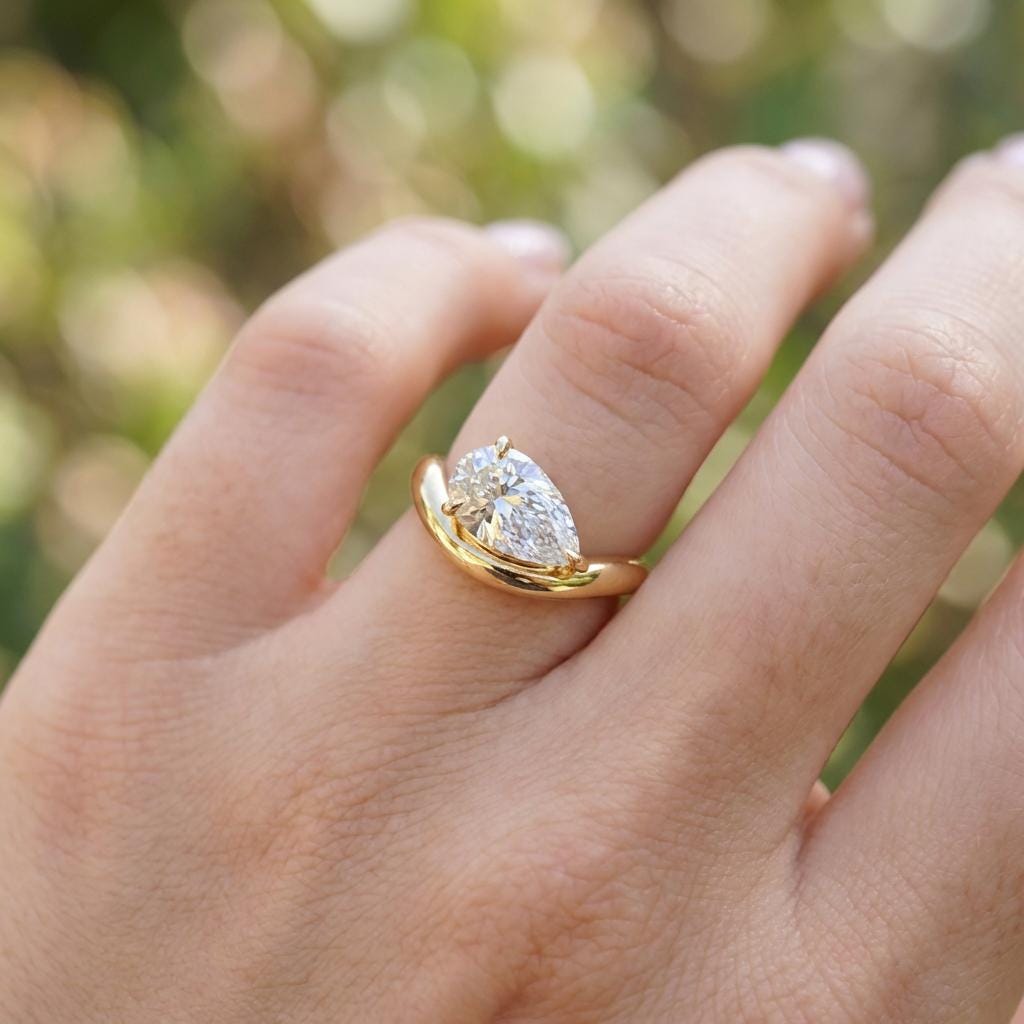 Pear Moissanite East West Pinky Ring, 14K Solid Gold 2CT Pear Moissanite Promise Ring, Tilted Pear Engagement Ring