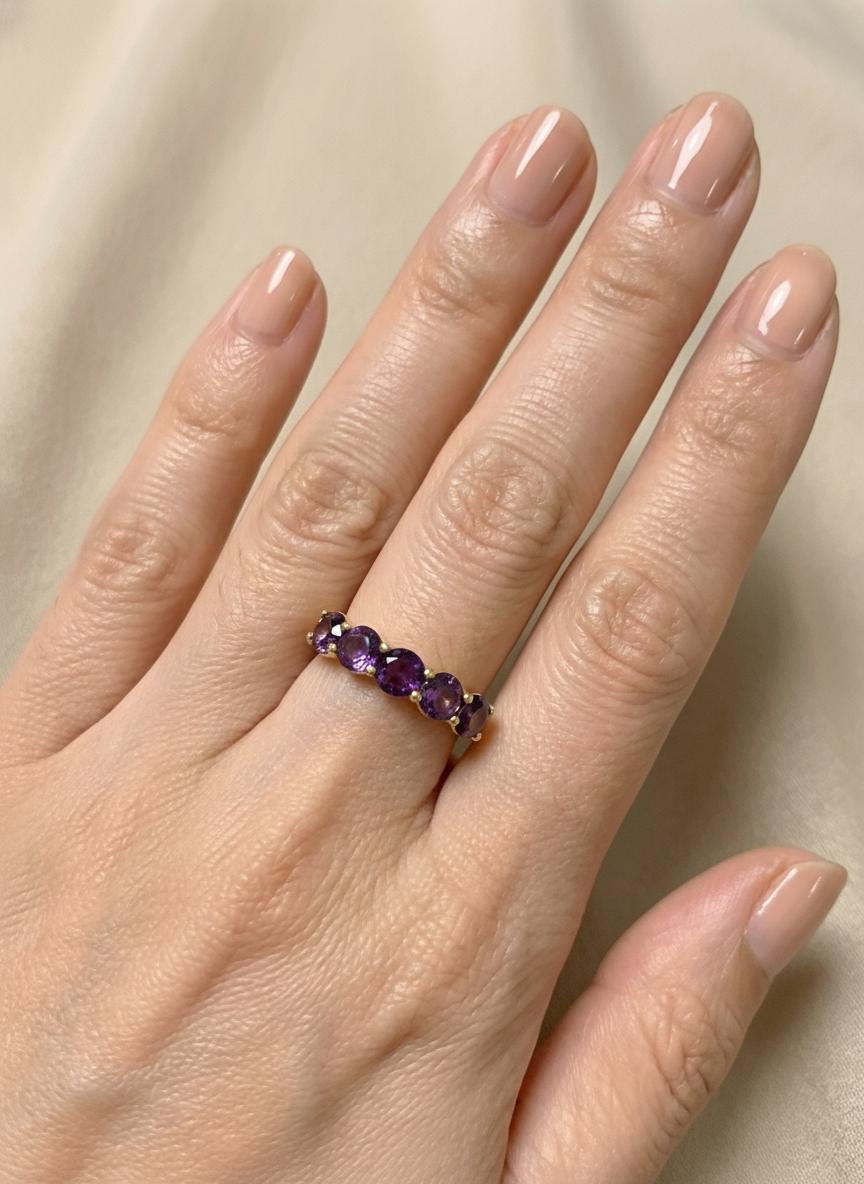 3.50 CTW Amethyst Wedding Band, 5mm Round 7 Stone Ring, February Birthstone Half Eternity Band, Purple Anniversary Ring