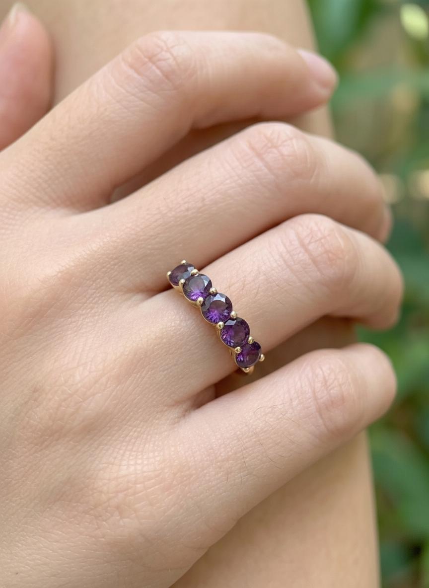 3.50 CTW Amethyst Wedding Band, 5mm Round 7 Stone Ring, February Birthstone Half Eternity Band, Purple Anniversary Ring