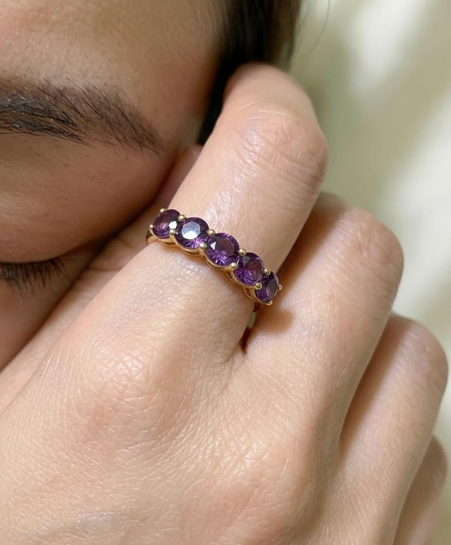 3.50 CTW Amethyst Wedding Band, 5mm Round 7 Stone Ring, February Birthstone Half Eternity Band, Purple Anniversary Ring