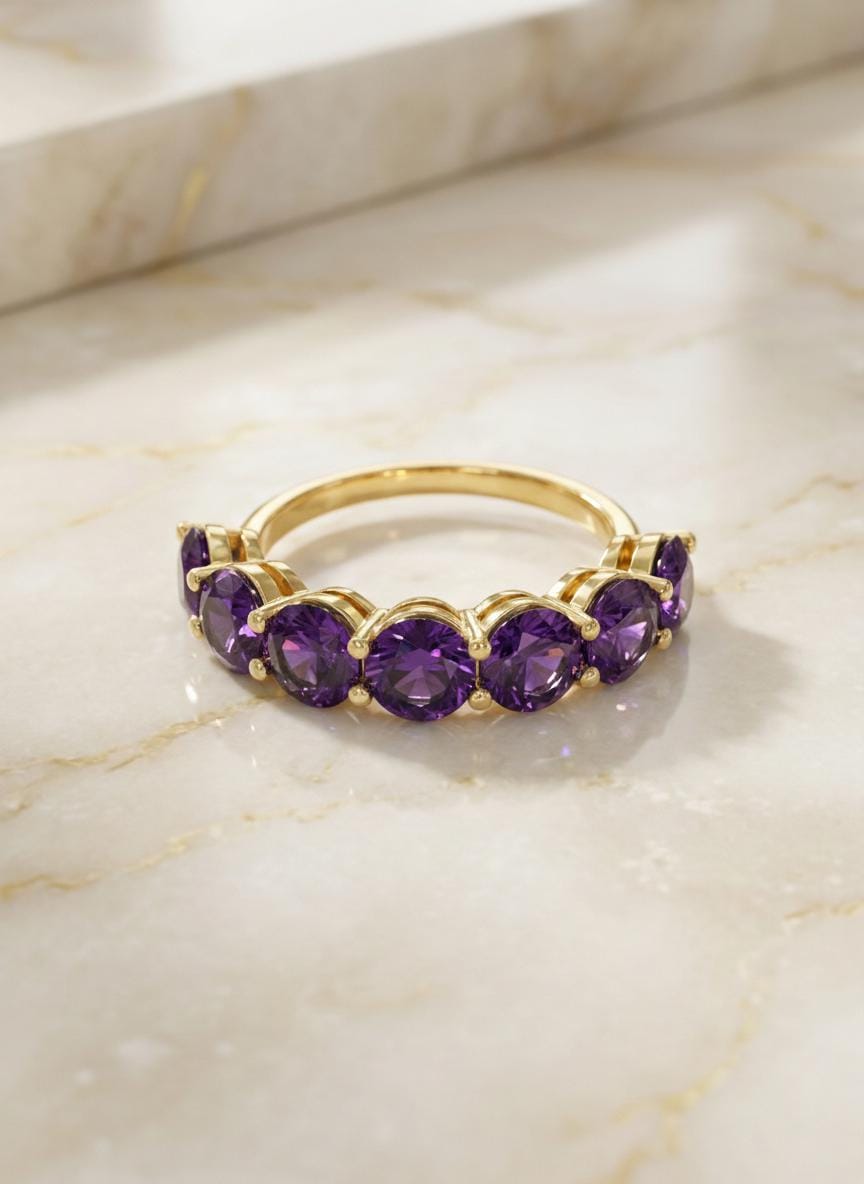 3.50 CTW Amethyst Wedding Band, 5mm Round 7 Stone Ring, February Birthstone Half Eternity Band, Purple Anniversary Ring