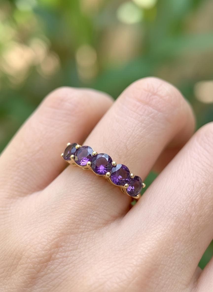 3.50 CTW Amethyst Wedding Band, 5mm Round 7 Stone Ring, February Birthstone Half Eternity Band, Purple Anniversary Ring