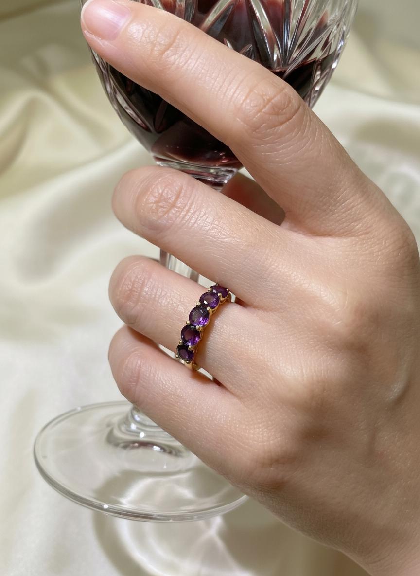 3.50 CTW Amethyst Wedding Band, 5mm Round 7 Stone Ring, February Birthstone Half Eternity Band, Purple Anniversary Ring