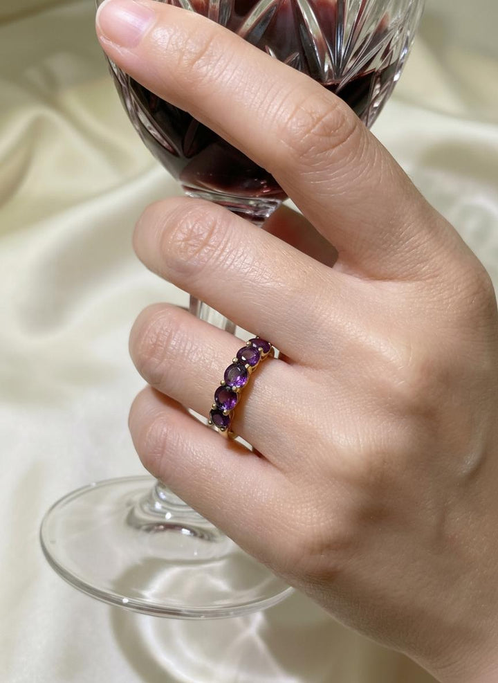 3.50 CTW Amethyst Wedding Band, 5mm Round 7 Stone Ring, February Birthstone Half Eternity Band, Purple Anniversary Ring