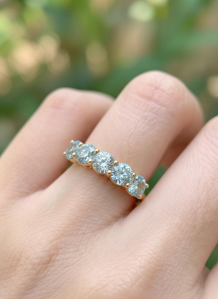 3.5 CTW Aquamarine Wedding Band, 5mm Round 7 Stone Ring, March Birthstone Half Eternity Band, Light Blue Anniversary Ring