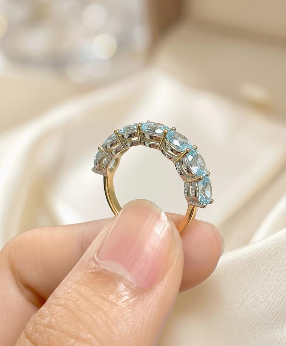 3.5 CTW Aquamarine Wedding Band, 5mm Round 7 Stone Ring, March Birthstone Half Eternity Band, Light Blue Anniversary Ring