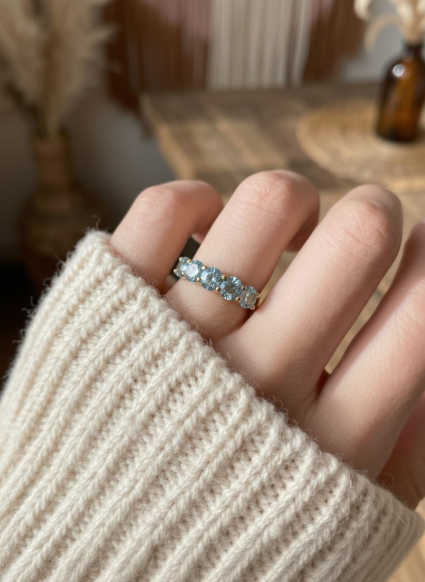 3.5 CTW Aquamarine Wedding Band, 5mm Round 7 Stone Ring, March Birthstone Half Eternity Band, Light Blue Anniversary Ring