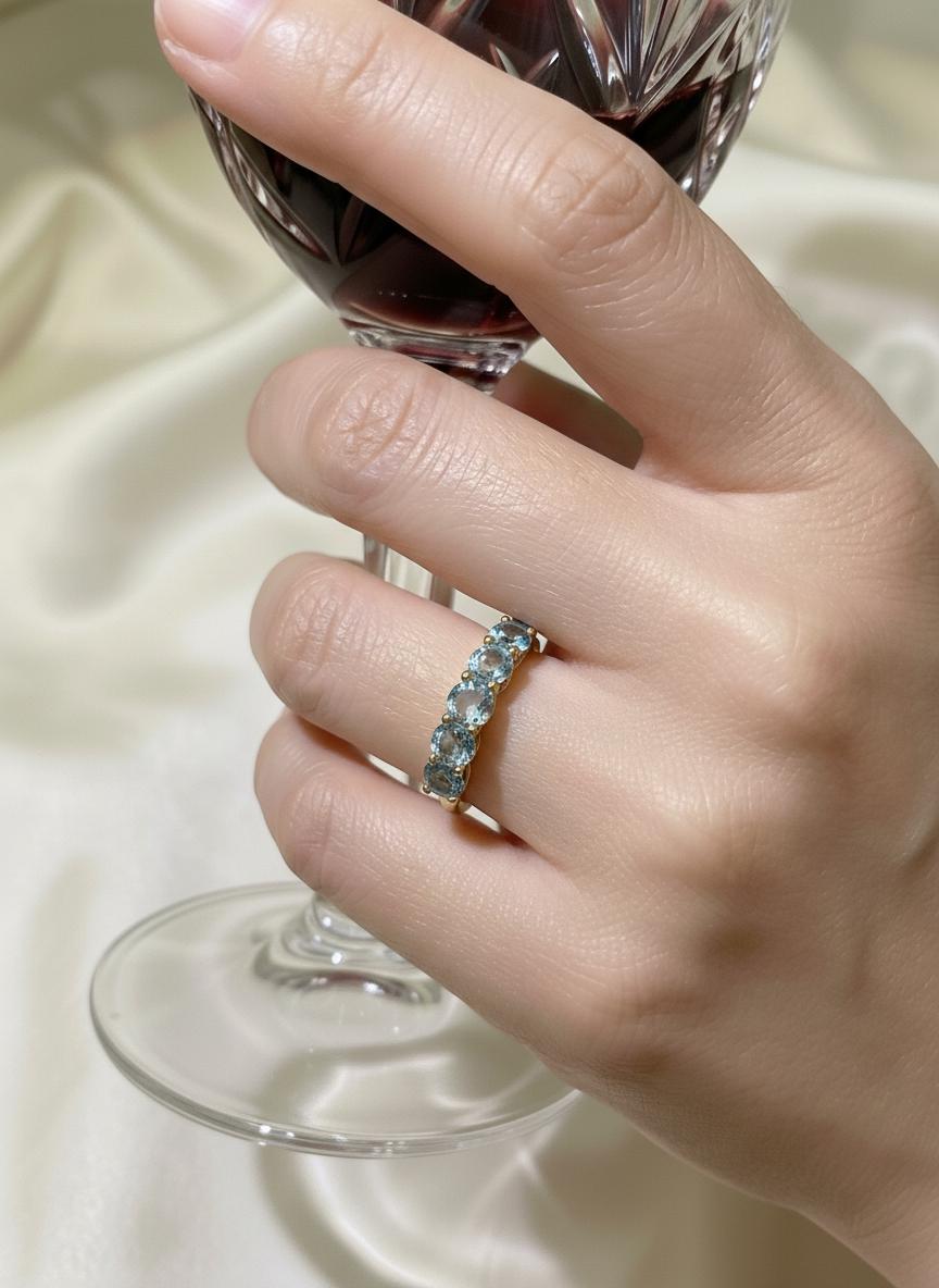 3.5 CTW Aquamarine Wedding Band, 5mm Round 7 Stone Ring, March Birthstone Half Eternity Band, Light Blue Anniversary Ring