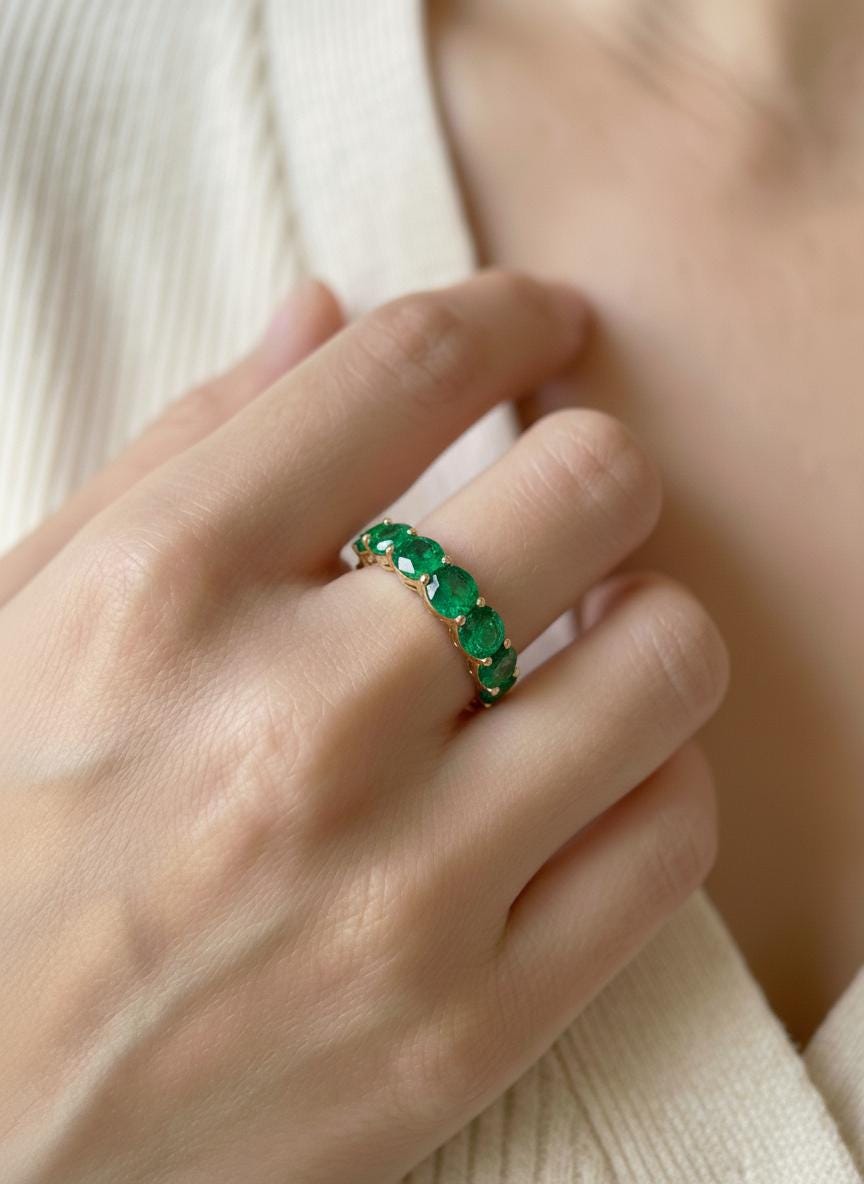3.5 CTW Emerald Wedding Band, 5mm Round Green Gemstone Ring, 7 Stone Anniversary Ring, Sterling Silver Half Eternity, May Birthstone Gift