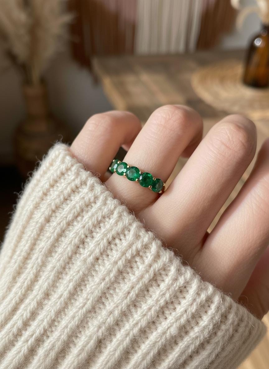 3.5 CTW Emerald Wedding Band, 5mm Round Green Gemstone Ring, 7 Stone Anniversary Ring, Sterling Silver Half Eternity, May Birthstone Gift