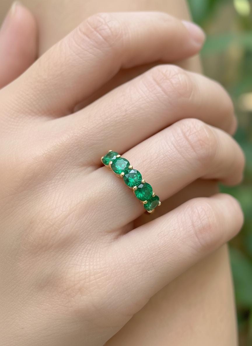 3.5 CTW Emerald Wedding Band, 5mm Round Green Gemstone Ring, 7 Stone Anniversary Ring, Sterling Silver Half Eternity, May Birthstone Gift