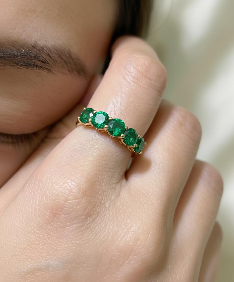 3.5 CTW Emerald Wedding Band, 5mm Round Green Gemstone Ring, 7 Stone Anniversary Ring, Sterling Silver Half Eternity, May Birthstone Gift