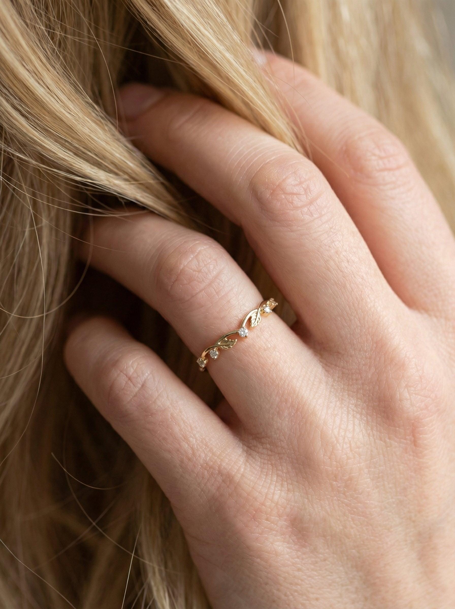 Gold Moissanite Leaf Ring, Nature Inspired Wedding Band, Matching Stackable Band for Women, Vintage Inspired Band Gift for Her