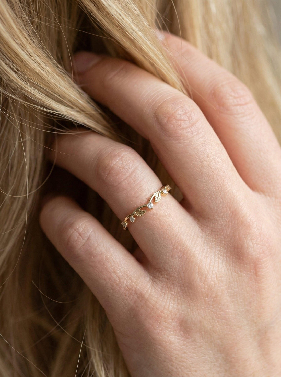 Gold Moissanite Leaf Ring, Nature Inspired Wedding Band, Matching Stackable Band for Women, Vintage Inspired Band Gift for Her