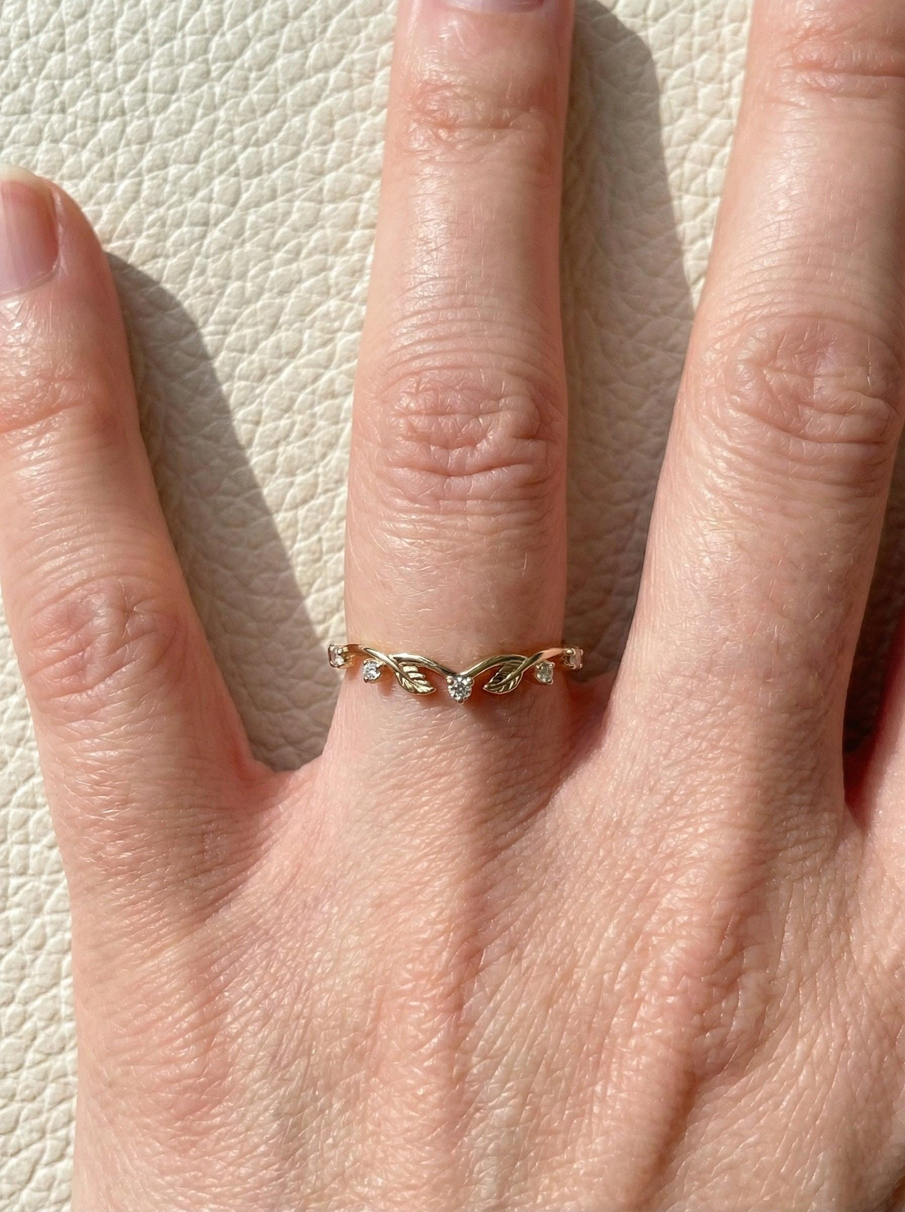 Gold Moissanite Leaf Ring, Nature Inspired Wedding Band, Matching Stackable Band for Women, Vintage Inspired Band Gift for Her