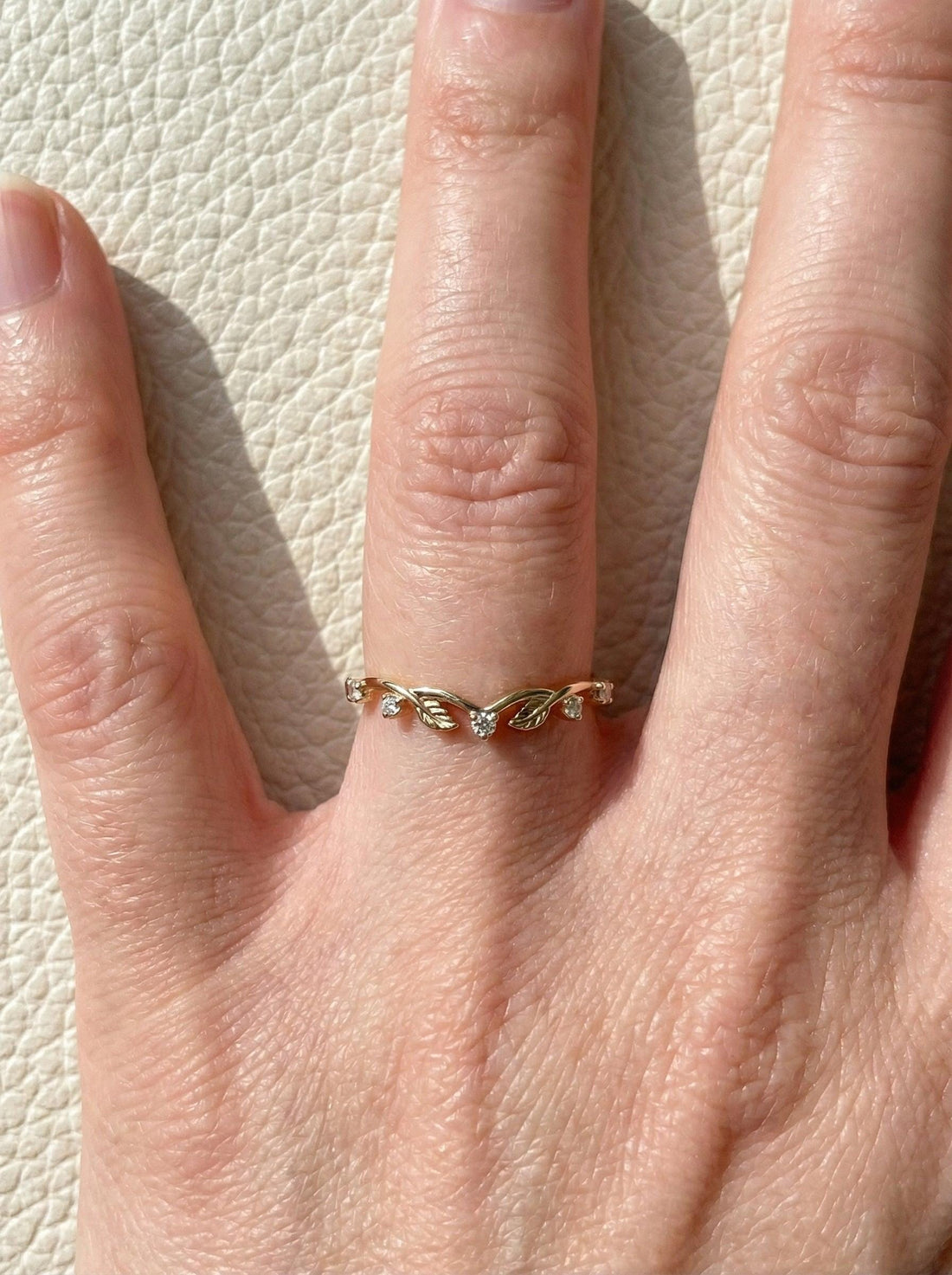 Gold Moissanite Leaf Ring, Nature Inspired Wedding Band, Matching Stackable Band for Women, Vintage Inspired Band Gift for Her