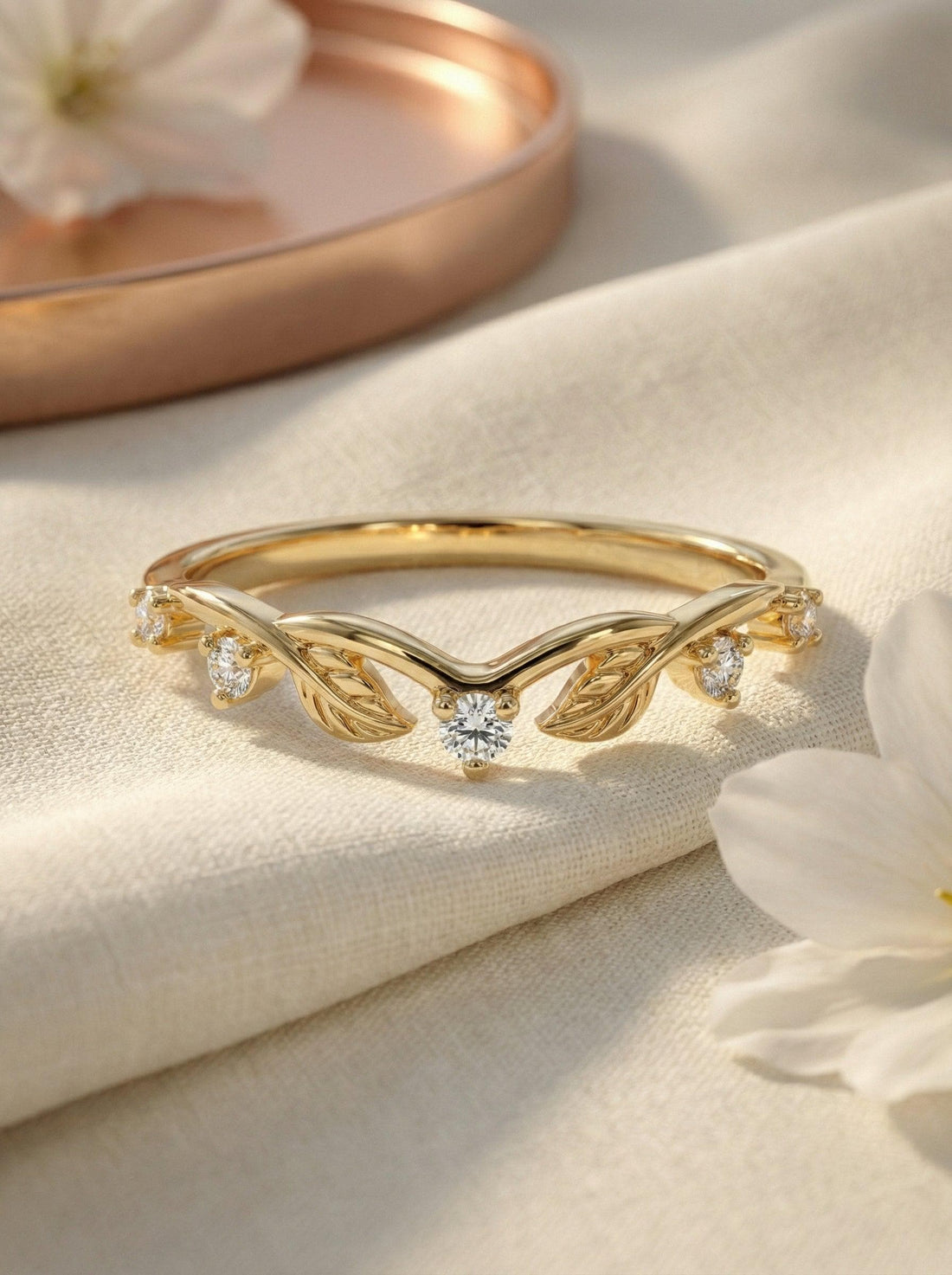 Gold Moissanite Leaf Ring, Nature Inspired Wedding Band, Matching Stackable Band for Women, Vintage Inspired Band Gift for Her