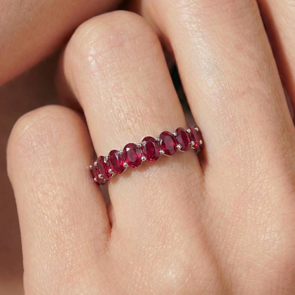 2.1CT Oval Ruby Wedding Band, Shared Prong Ruby Ring, Almost Eternity Ring, Classic Stackable July Birthstone Band