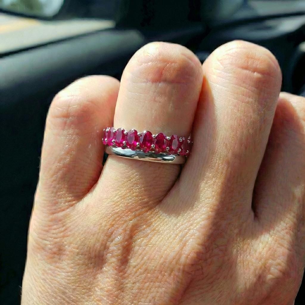2.1CT Oval Ruby Wedding Band, Shared Prong Ruby Ring, Almost Eternity Ring, Classic Stackable July Birthstone Band