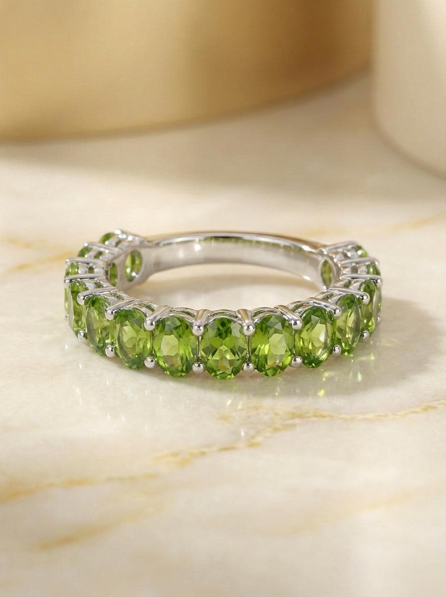 2.1CT Oval Peridot Wedding Band, Shared Prong Peridot Ring, Almost Eternity Ring, Classic Stackable August Birthstone Band