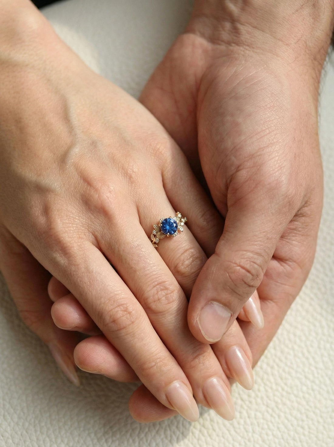 14K Gold Sapphire Engagement Ring, Vintage Art Deco Leaf Cluster Ring, September Birthstone Botanical Anniversary Gift for Her