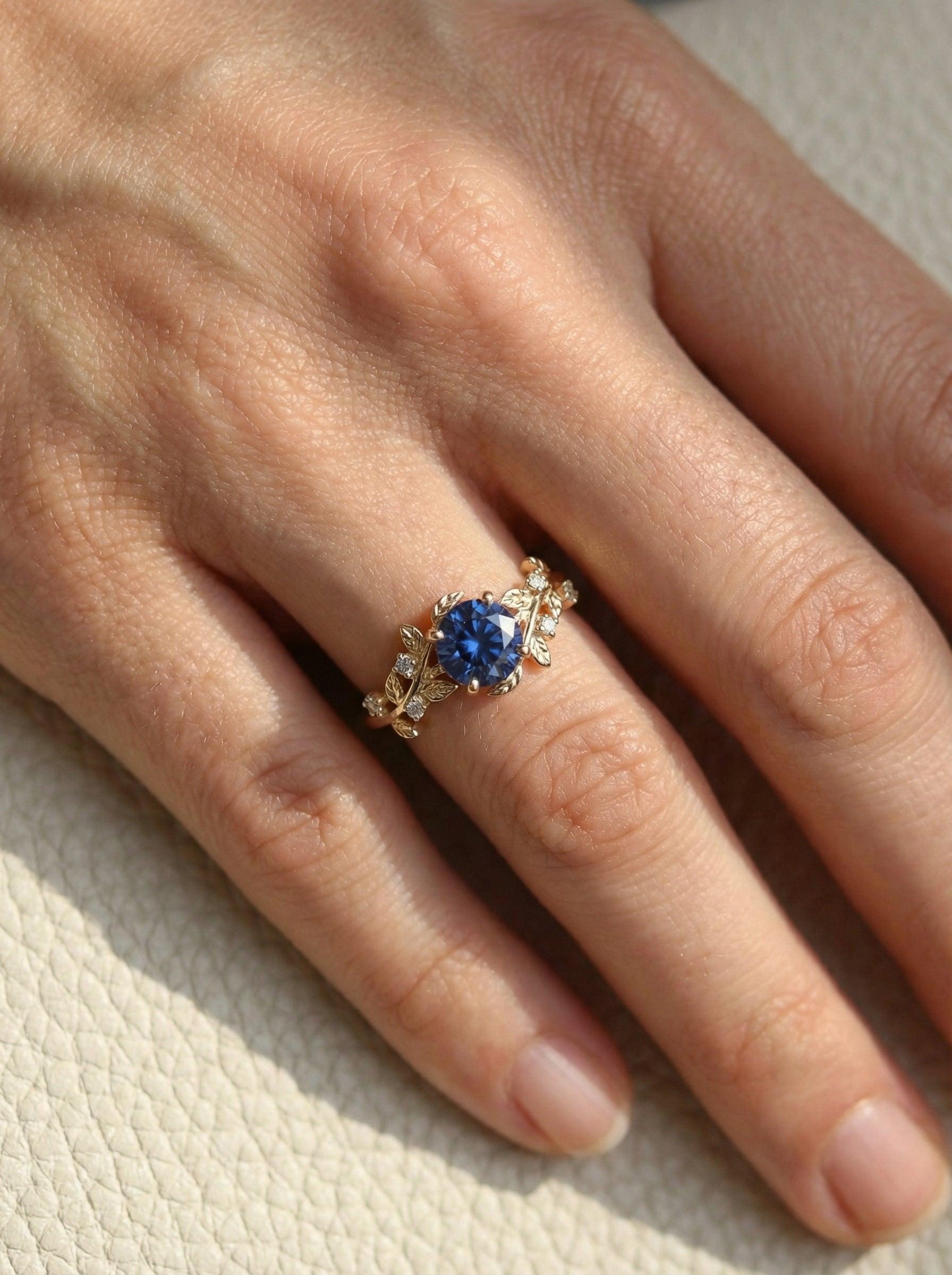 14K Gold Sapphire Engagement Ring, Vintage Art Deco Leaf Cluster Ring, September Birthstone Botanical Anniversary Gift for Her
