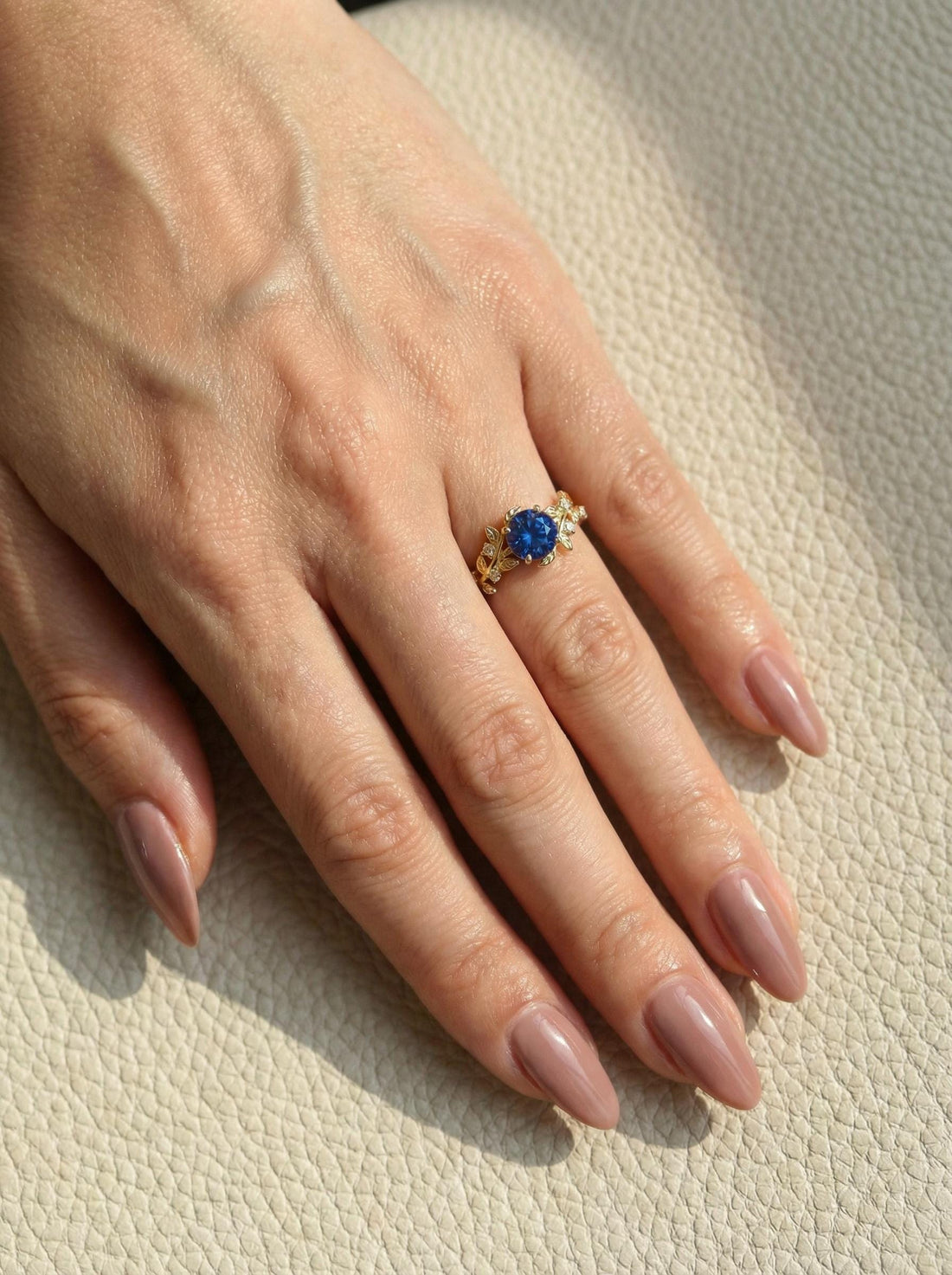 14K Gold Sapphire Engagement Ring, Vintage Art Deco Leaf Cluster Ring, September Birthstone Botanical Anniversary Gift for Her