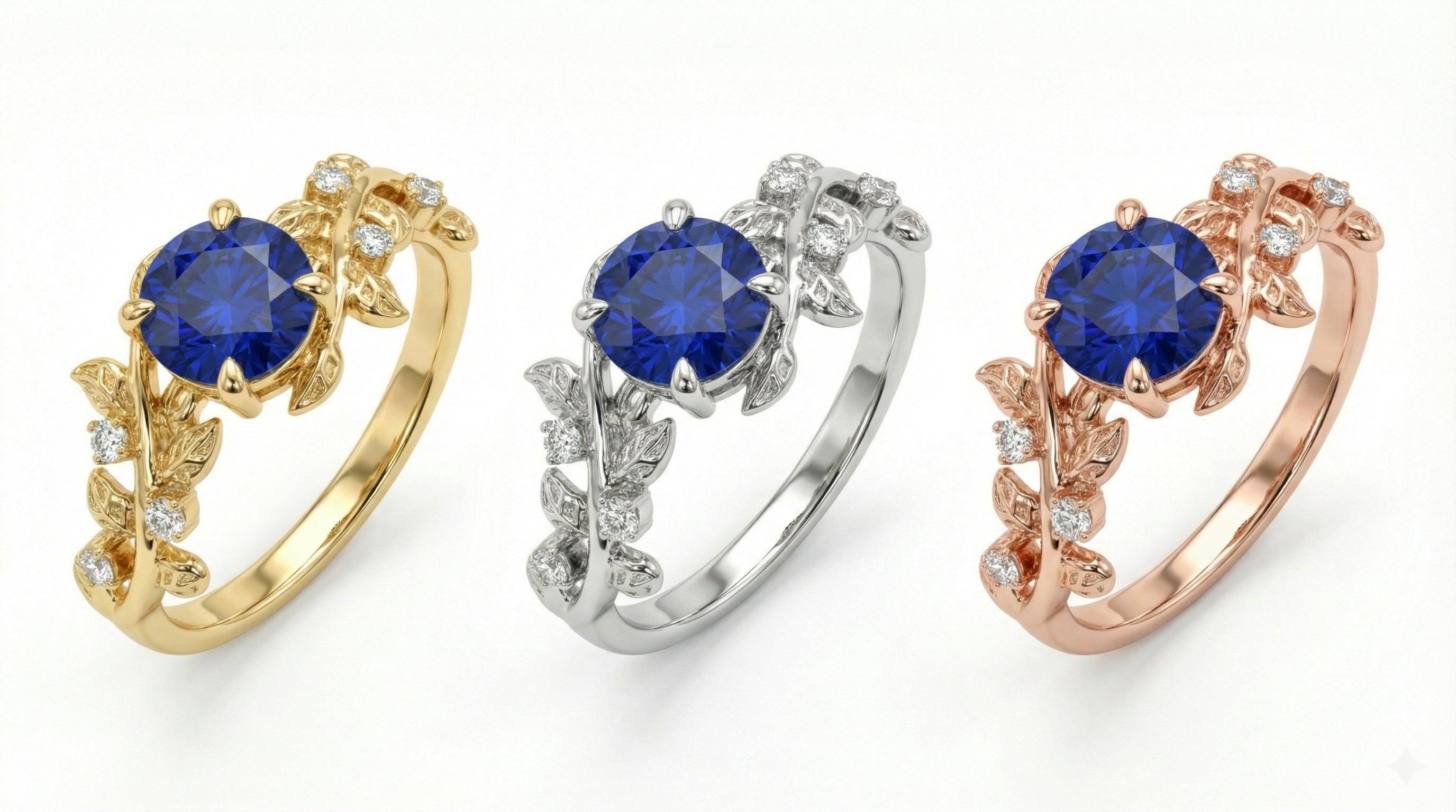 14K Gold Sapphire Engagement Ring, Vintage Art Deco Leaf Cluster Ring, September Birthstone Botanical Anniversary Gift for Her