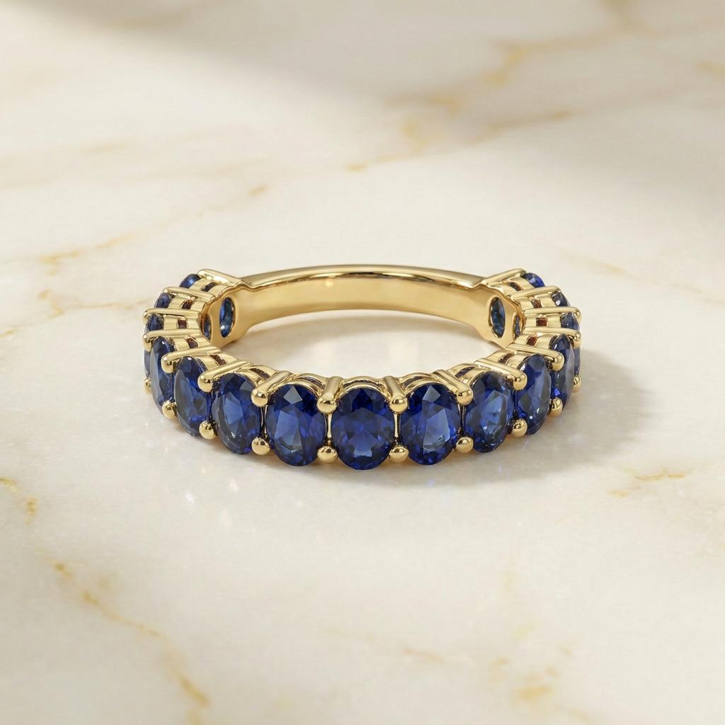 2.1CT Oval Blue Sapphire Wedding Band, Shared Prong Blue Sapphire Ring, Almost Eternity Ring, Classic Stackable September Birthstone Band
