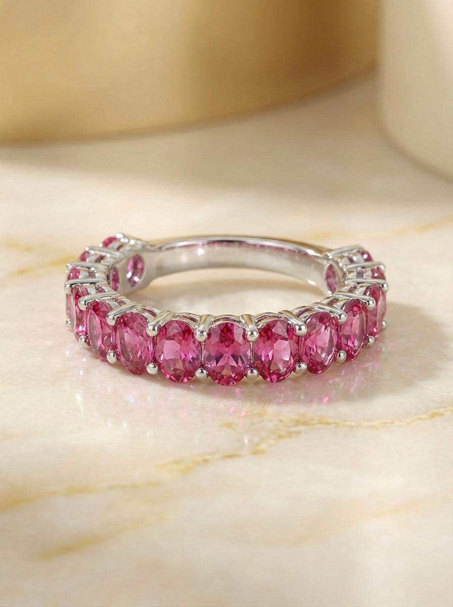 2.1CT Oval Pink Tourmaline Wedding Band, Shared Prong Pink Tourmaline Ring, Almost Eternity Ring, Classic Stackable October Birthstone Band