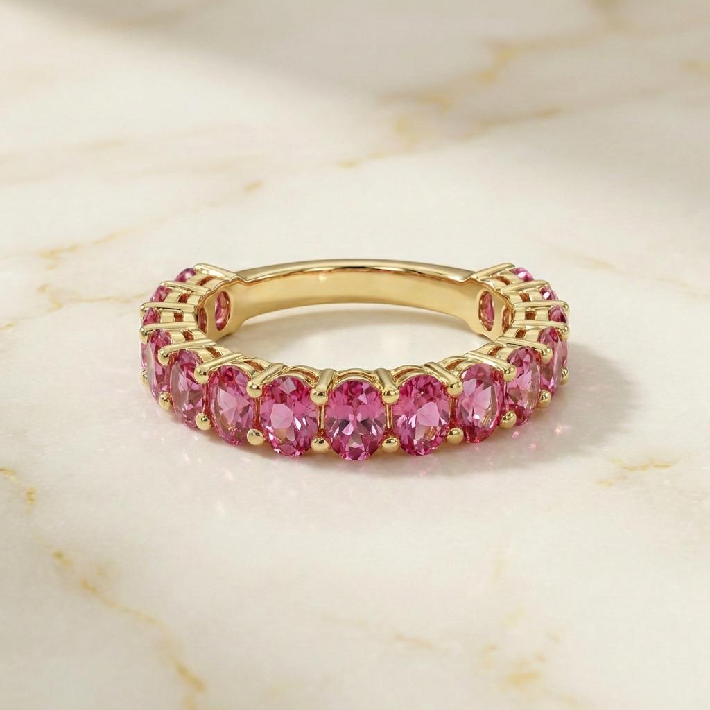 2.1CT Oval Pink Tourmaline Wedding Band, Shared Prong Pink Tourmaline Ring, Almost Eternity Ring, Classic Stackable October Birthstone Band