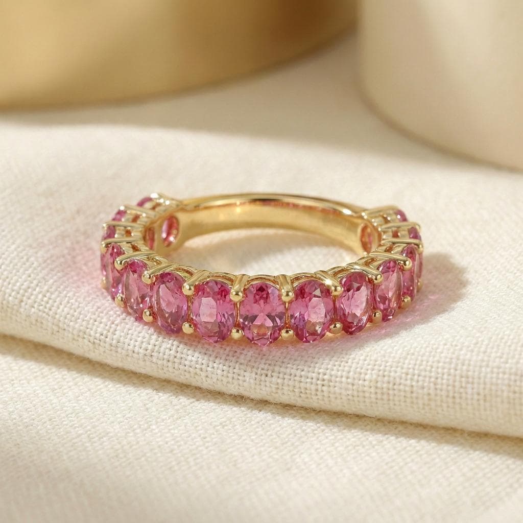 2.1CT Oval Pink Tourmaline Wedding Band, Shared Prong Pink Tourmaline Ring, Almost Eternity Ring, Classic Stackable October Birthstone Band